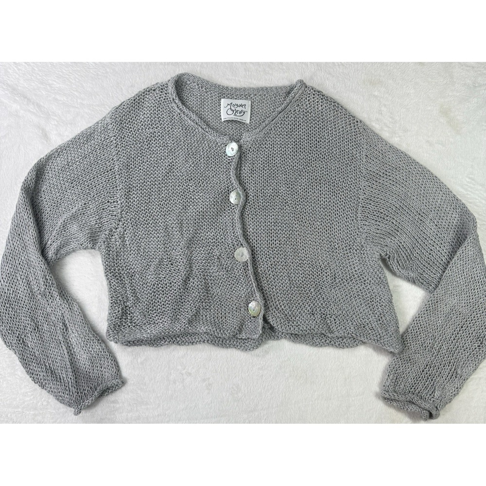 Margaret O'Leary Cardigan Sweater 4 Small 100% Linen Mother of Pearls Crochet
